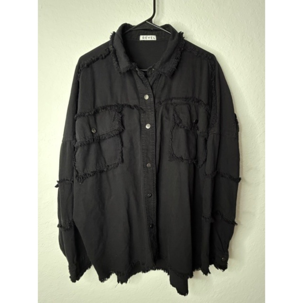 Revel Black Denim Shirt Jacket All You Need Is Love Distressed Frayed Medium